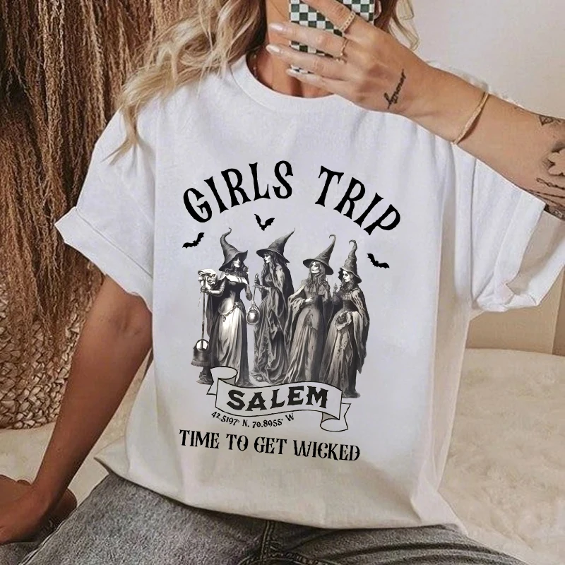 

Girls Trip Salem Graphic Tops Cute Funny Witch Tee Cotton Women Vintage Fall Halloween Top Short Sleeve Spooky Season T-shirt