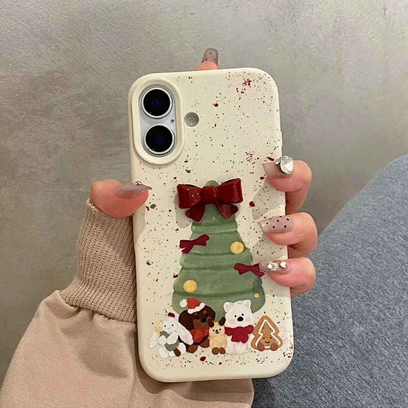 Ins Red Bowknot Christmas Tree Cute Animal Case For iPhone 12 13 14 15 16 Pro Max Plus Soft Silicone Phone Cover