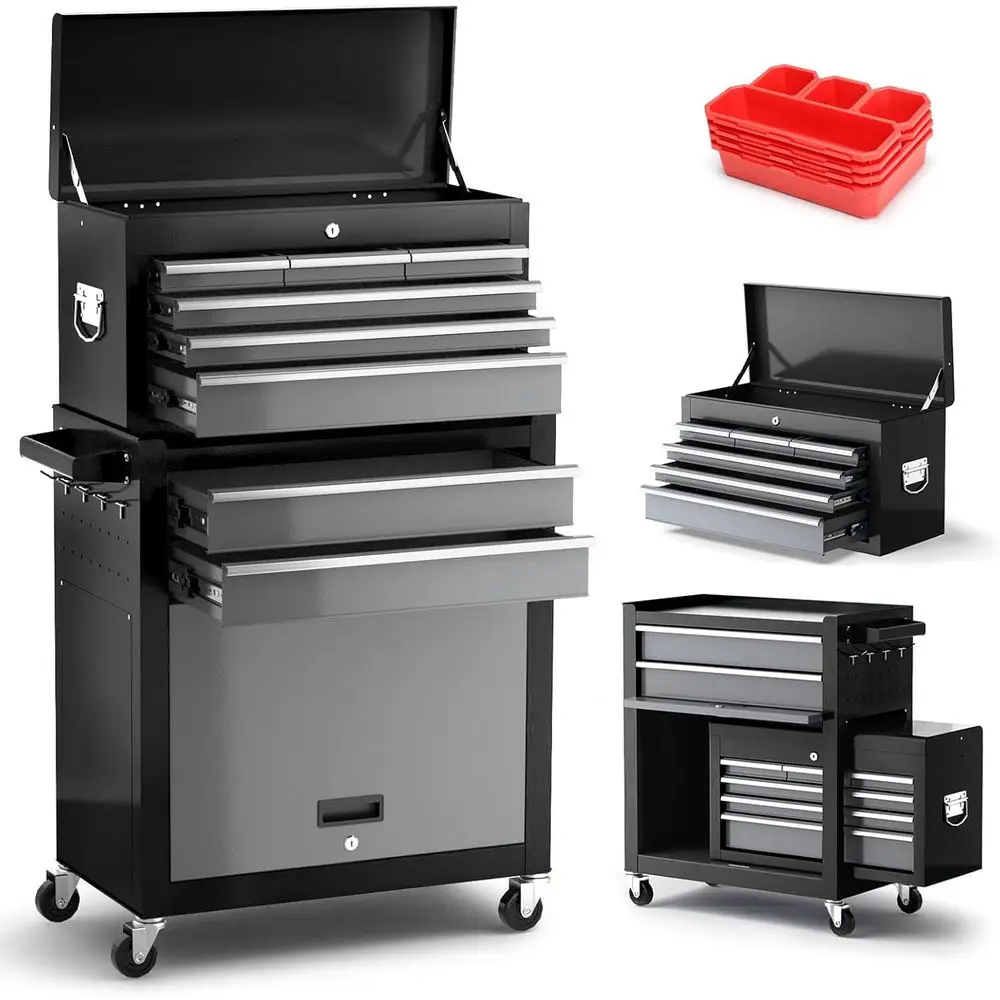 

42 Heavy-Duty Rolling Tool Chest with Detachable Top, Storage Hooks, Liners, and Tray Dividers for Workshops and Garages