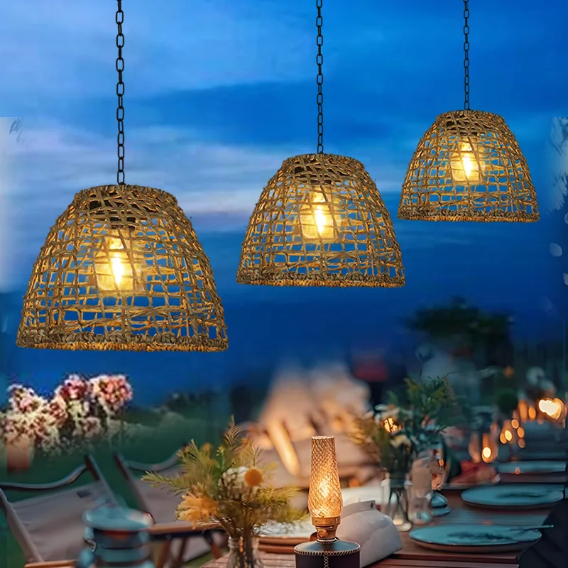 Yard Garden Seagrass Woven Solar Hanging Lantern Auto On At Dusk IP Waterproof For Villa Patio Basic Night Landscape Fixture
