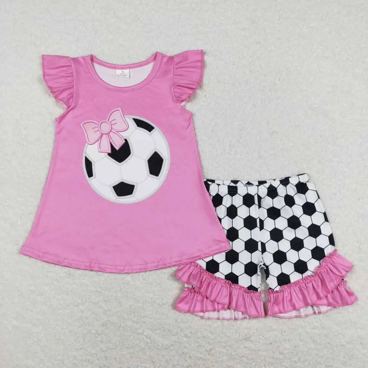 Wholesale hot sale children’s clothing for Baby Girls Clothes CBow football pink and white flying sleeve shorts suit