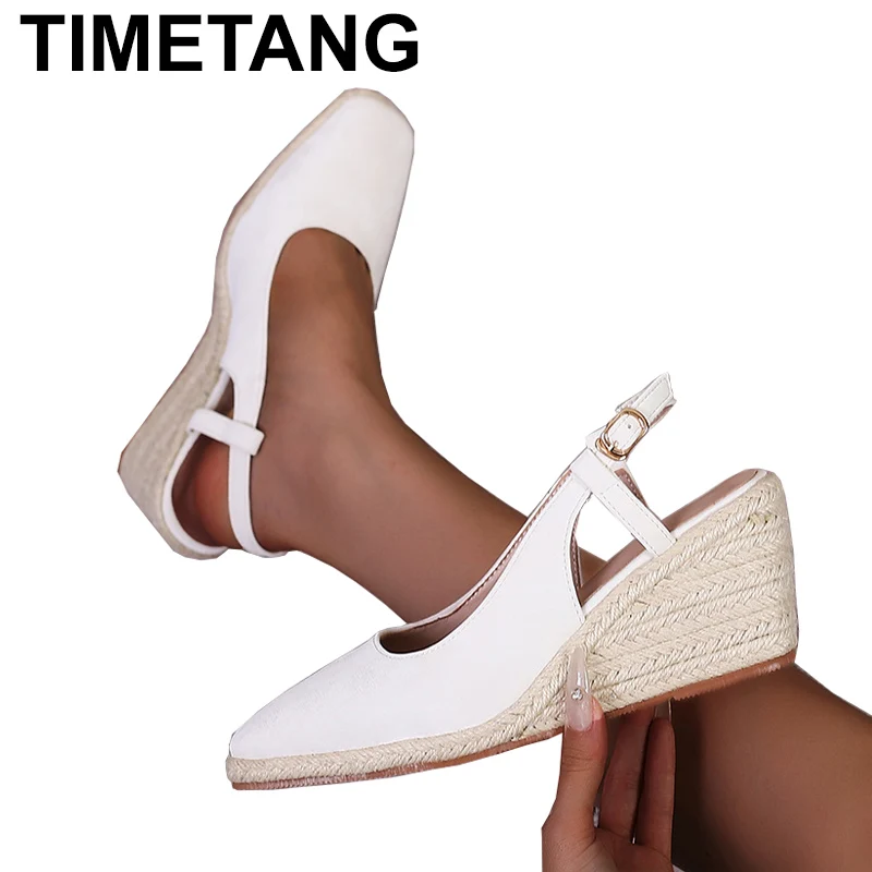 

2025 Wedge Heel Square Head Thick Sole Women's High Heels Baotou Slides Straw Woven Hemp Rope Bottom Ladies Pumps Shoes