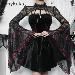 Women Gothic Style Red Floral Lace Cover Up Cropped Top Shawl Bolero Round Neck Bell Sleeve Long Sleeve Top Slim Goth Punk Coat