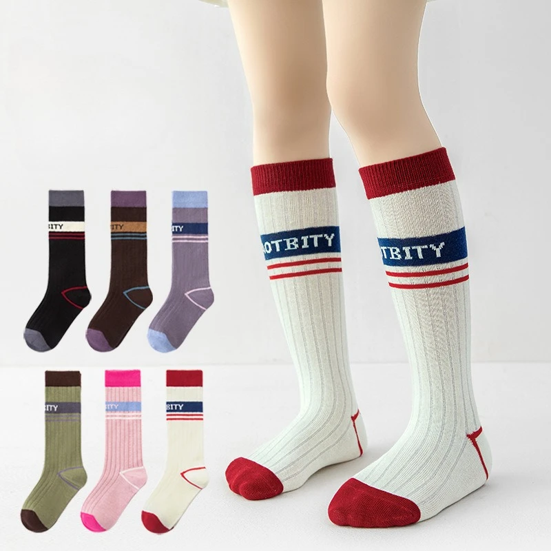 3 Paar Kinder-Kniestrümpfe aus Baumwolle, gestreift, atmungsaktiv, weich, Schuluniform-Socken für Mädchen und Jungen, Sport, Alltagskleidung, Kniestrümpfe