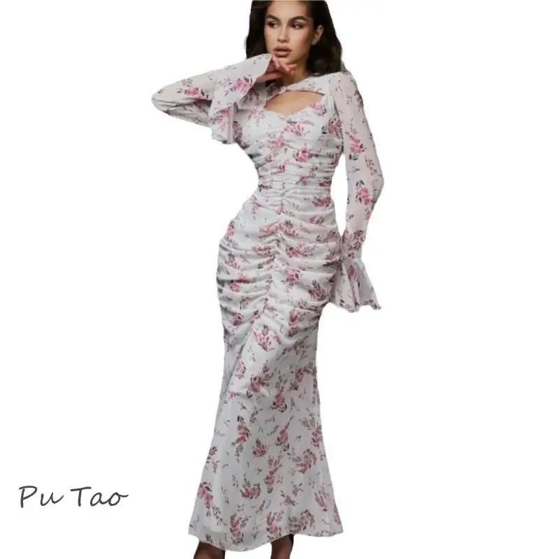 PuTao-vestido estampa fina para mulheres, vestido de férias, sexy o-pescoço, manga longa, comprimento do tornozelo, vestidos de praia, elegante vestido ruched, moda