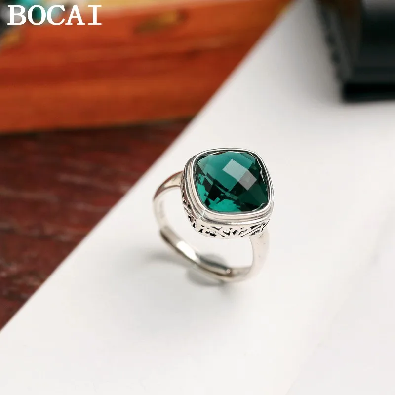 

BOCAI New Real S925 sterling silver green crystal ring for Woman stylish personality retro baroque style woman ring