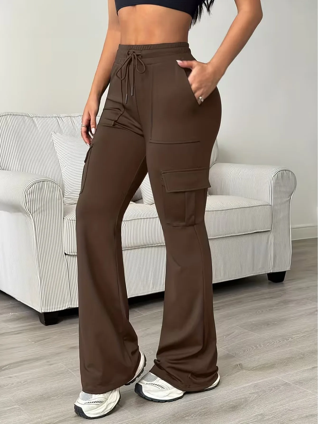 Women High Waist Drawstring Flare Cargo Pants Wide Leg Casual Solid Summer