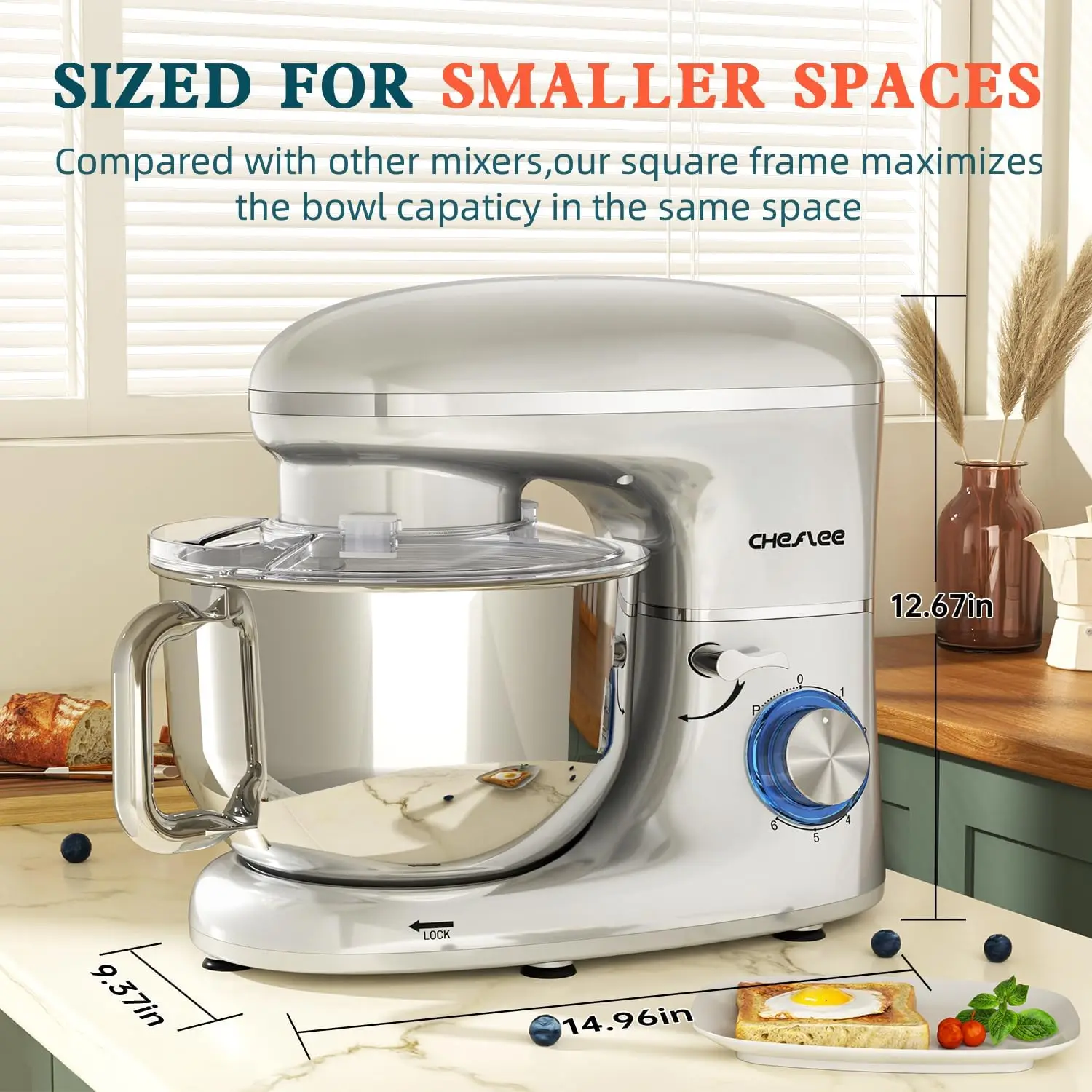 خلاط مطبخ فضي بقدرة 600 وات 6.5 كوارت مع وعاء من الفولاذ المقاوم للصدأ وخطاف عجين وخفق وخافق للخبز والطهي