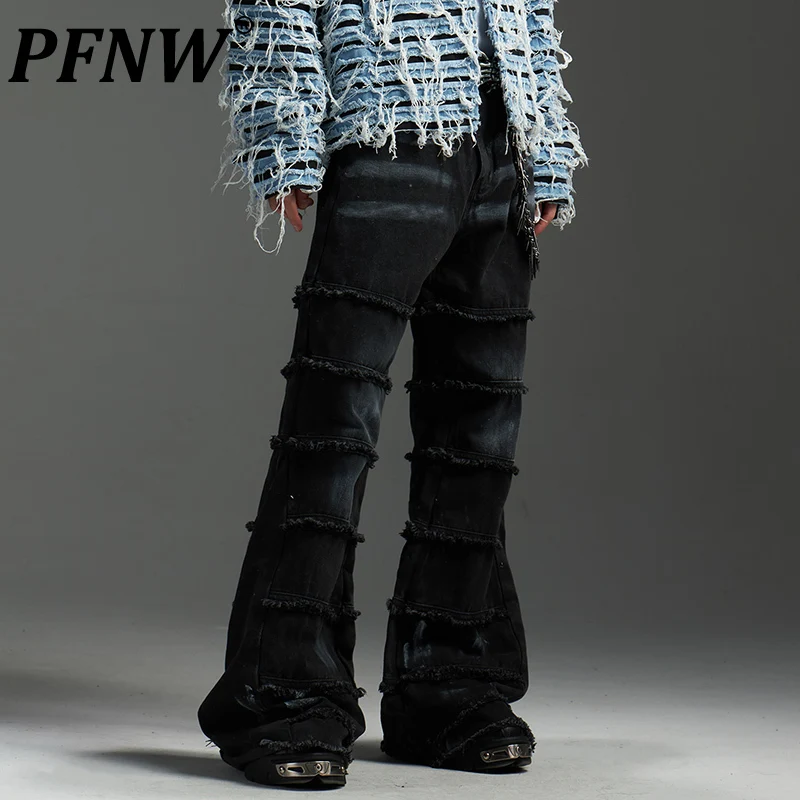 

PFNW Raw Edge Micro Jeans Hand Painted Jeans Black Patchwork Designer Trousers For Men And Women High Street Long Pants 28W5343