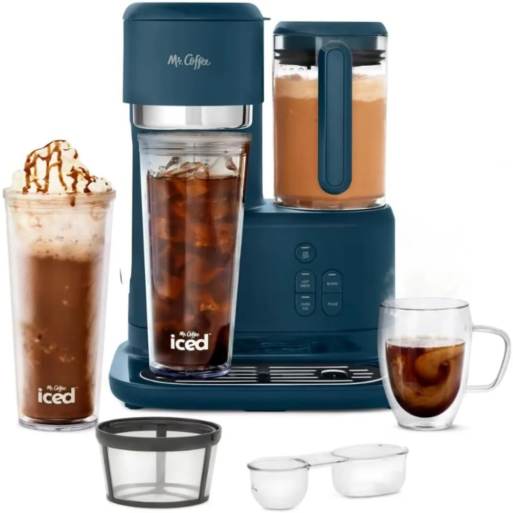 3-in-1 Single Serve Frappe, Iced Coffee & Hot Coffee Maker & Blender with Reusable Filter, Spoon, 2 Glasses,Lid&Straw, Navy Blue