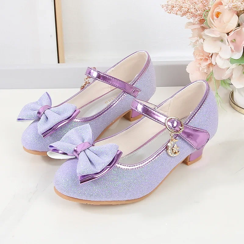 Sweet Kids Leather Shoe Spring Autumn Luxury Girl Shoes Solid Color Sequins Bowtie Children High Heels for Princess Party Causal