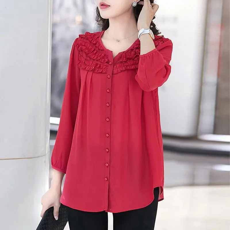 Elegant Chic Sweet Ruffle Solid Loose Chiffon Shirts Spring Summer Fashion Irregular Casual Tops Blouses for Women Clothing 2023