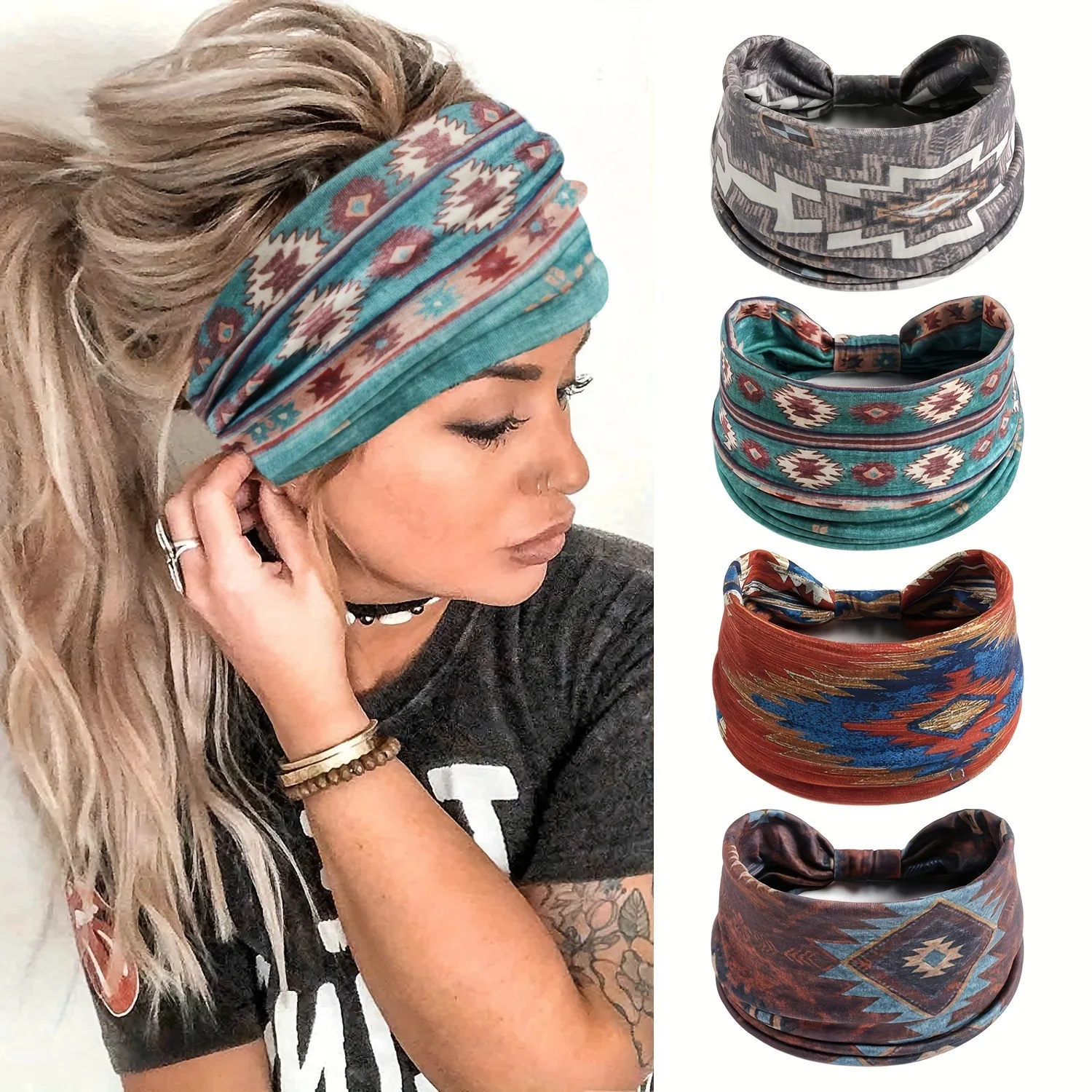 

4pcs Retro Printed Sports Headband for Women Elastic Knotted Bohemian Headband