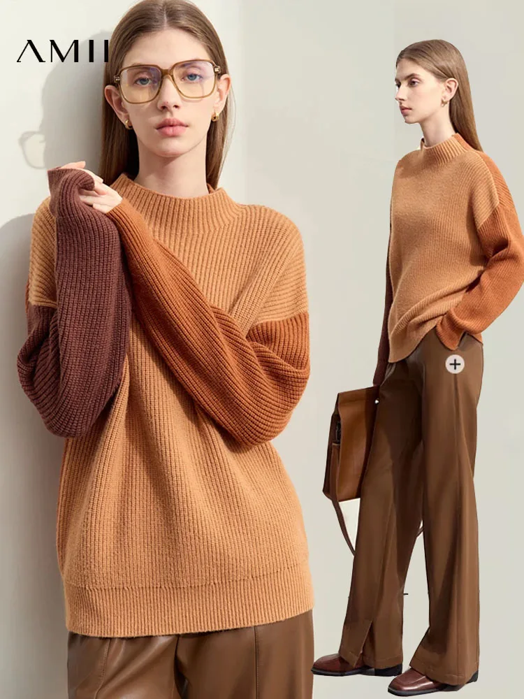 AMII Sweater rajut untuk wanita, baju hangat Turtleneck 2024, atasan kasual longgar musim dingin, desain Patchwork warna Morandi, Jumper rajut untuk wanita