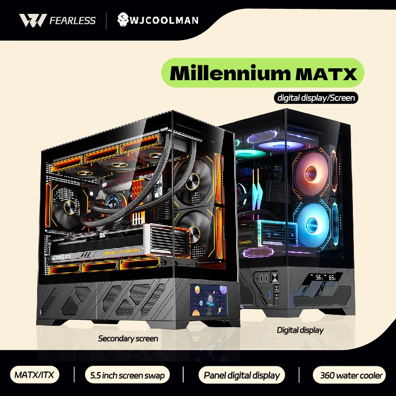 

Корпус для ПК WJCOOLMAN Millennium MATX, 5,5-дюймовый экран/цифровой дисплей, охладитель воды 360, комната с видом на море, индивидуальный экран, корпус для компьютера