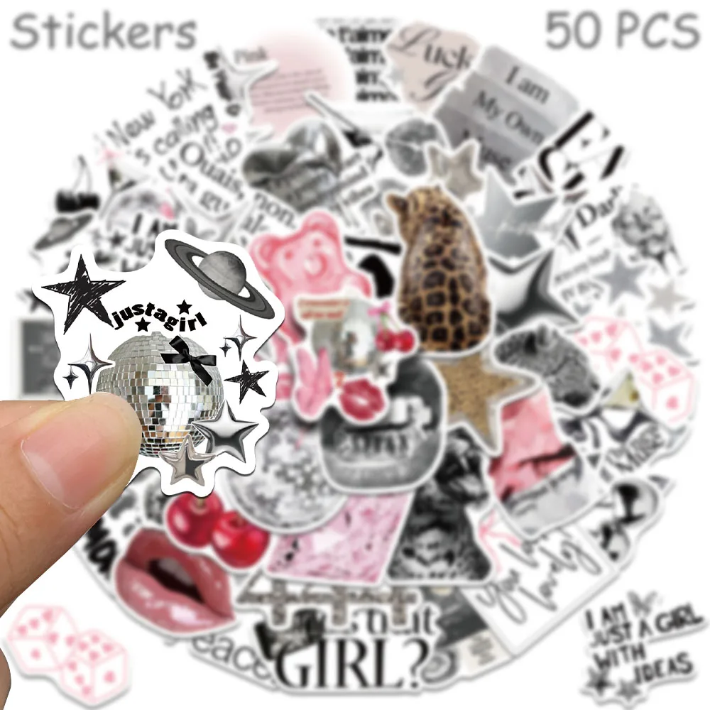 50pcs Silver Lucky Girl Stickers Decals For Phone Laptop Notebook Suitcase Skateboard DIY Cartoon Aesthetic Stickers