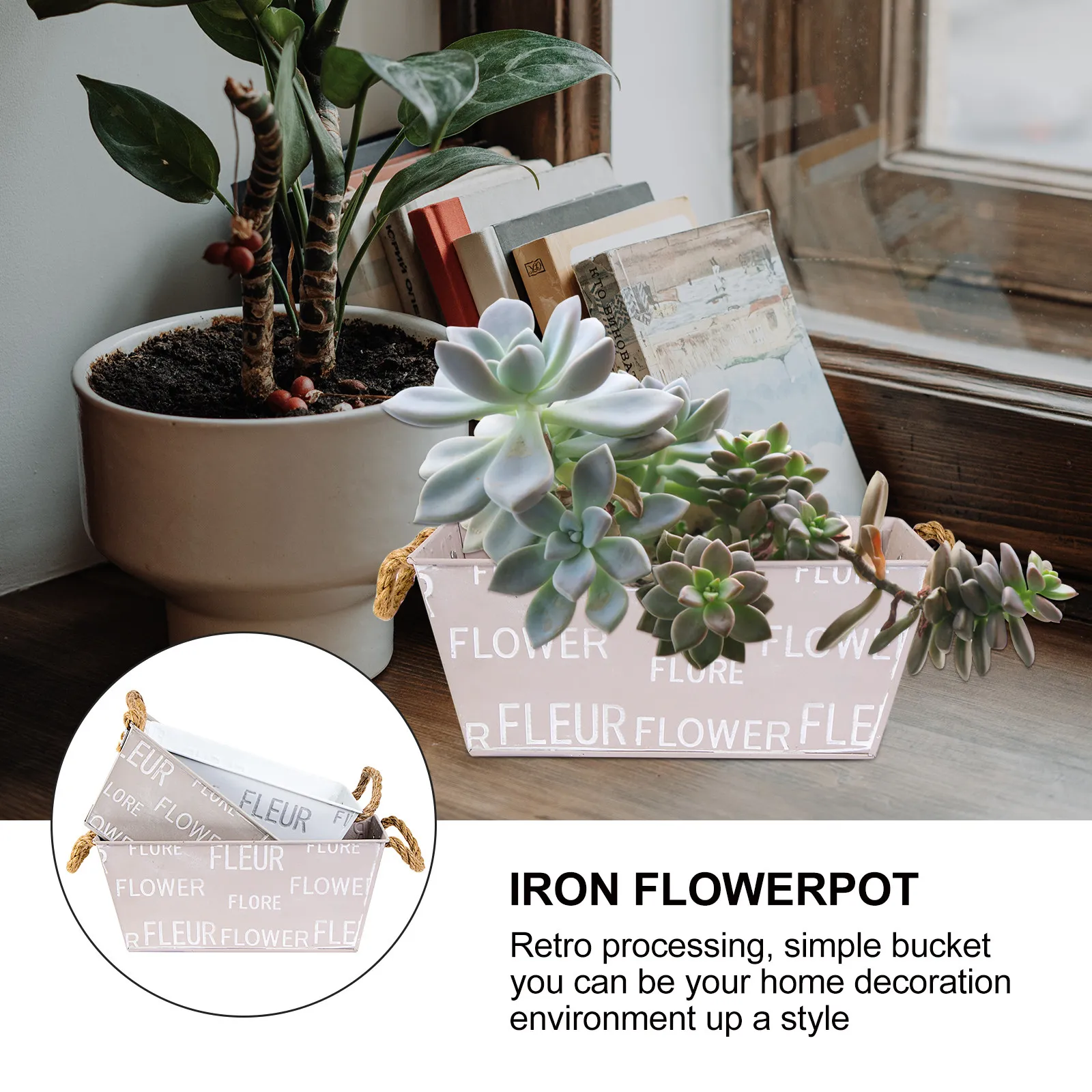 3Pcs Creative Iron Flowerpot Hemp Rope Set Oblong Plant Container Suitable for Succulents Home Office Decorative Gardening Pot