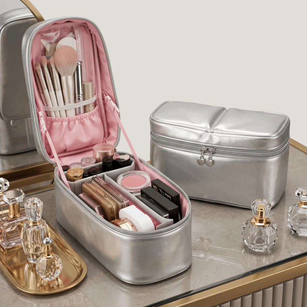 PU Leather Silver Makeup Bag Multi-functional Large Capacity Vertical Toiletry Handbag Waterproof with Handle