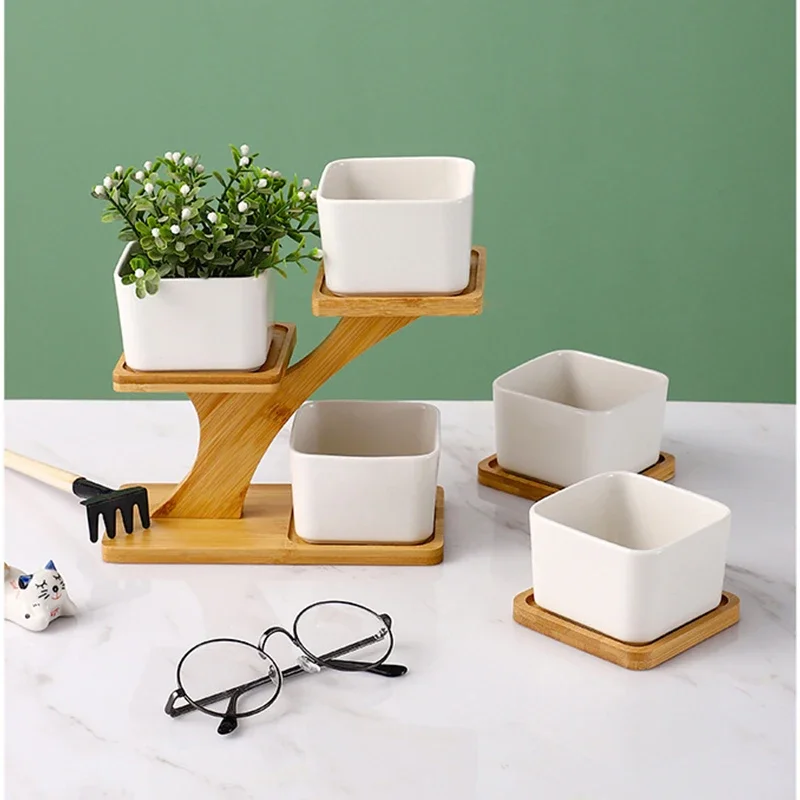 Mini Plant Flower Pot Oval Shape Bamboo Wood Plant Tray Stand Favor Succulent Pot Tray Simple Elegant Design Home Balcony