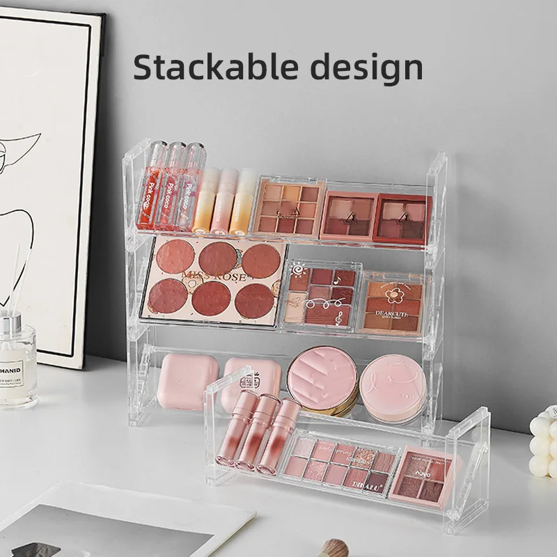 1 Piece Three-Tier Cosmetic Display Stand, Desktop Storage and Display Rack, Stackable Transparent Design, Can Hold Eyeshadow Palettes, Blush, Desktop Toys, Groceries, and Other Items, Saving Desktop Space