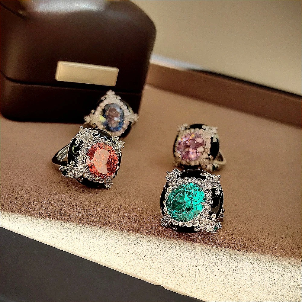 925 sterling silver jewelry ring, French retro Art Deco black agate antique gemstone ring for women