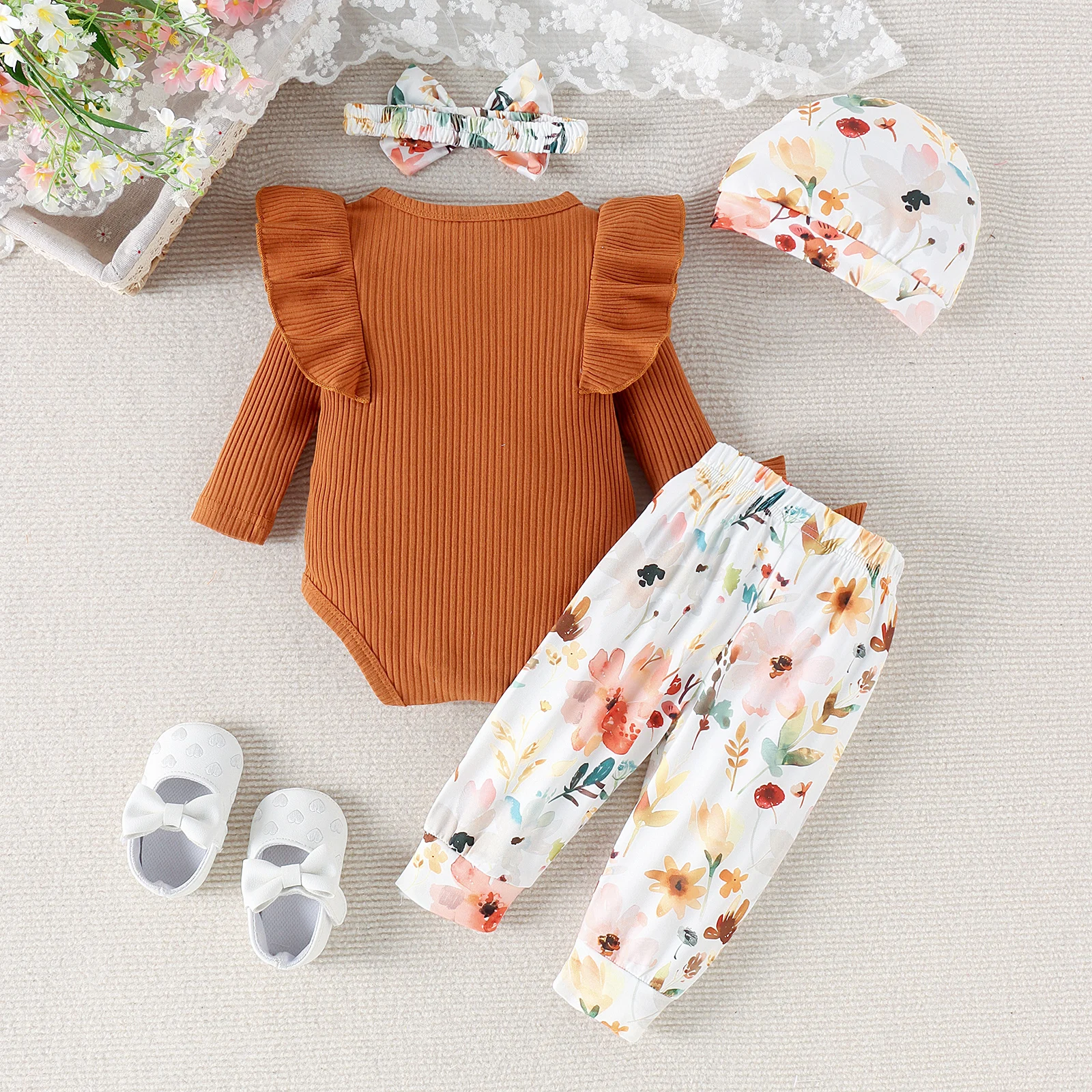 4PCS Autumn 0-1 Years Old Girls And Babies Casual Simple Round Neck Solid Color Long-Sleeved Clothes + Printed Trousers