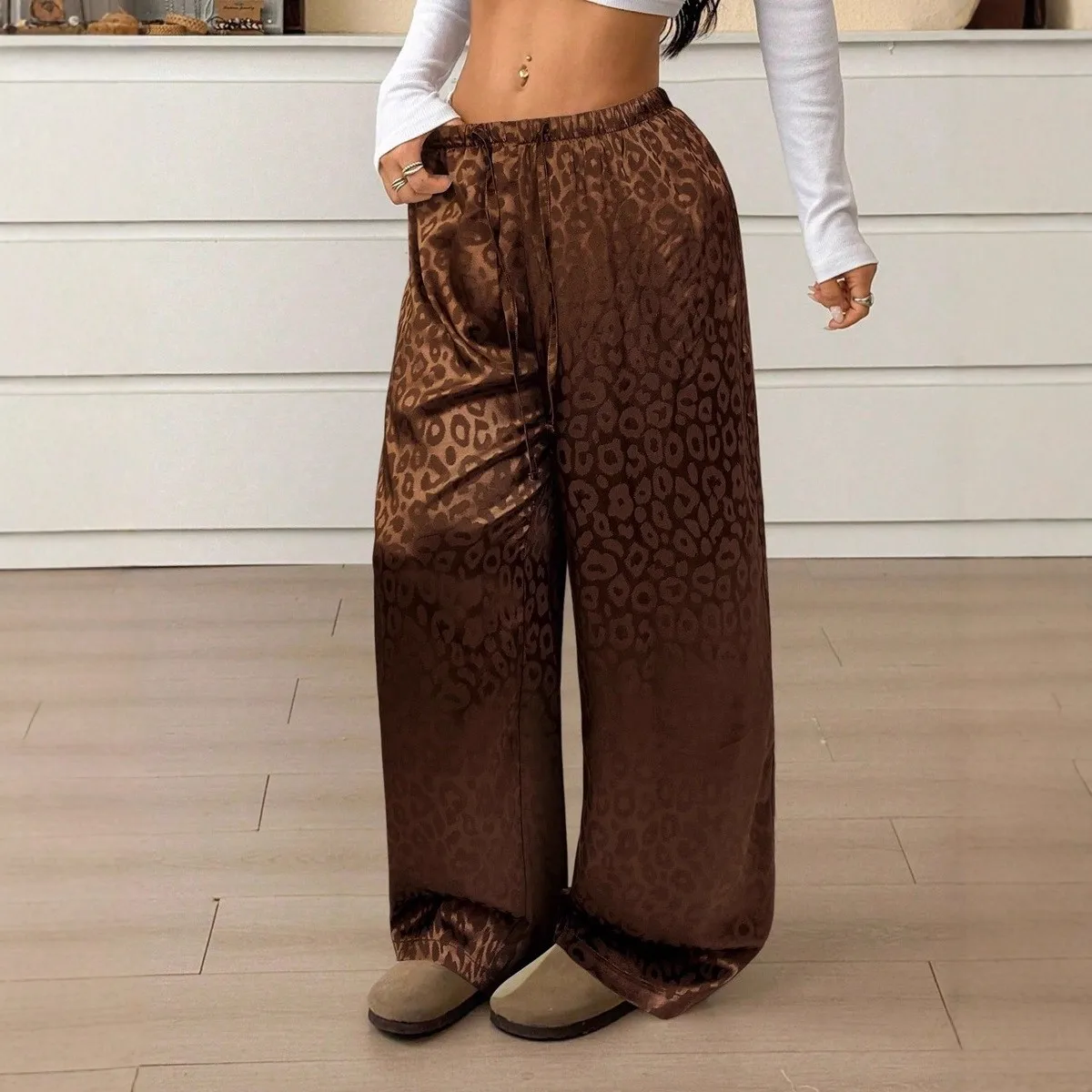 Women's Satin Leopard Print Loose Fit Full Length Mid Waist Drawstring Lightweight Pants Women Clothing Female Clothing Women's