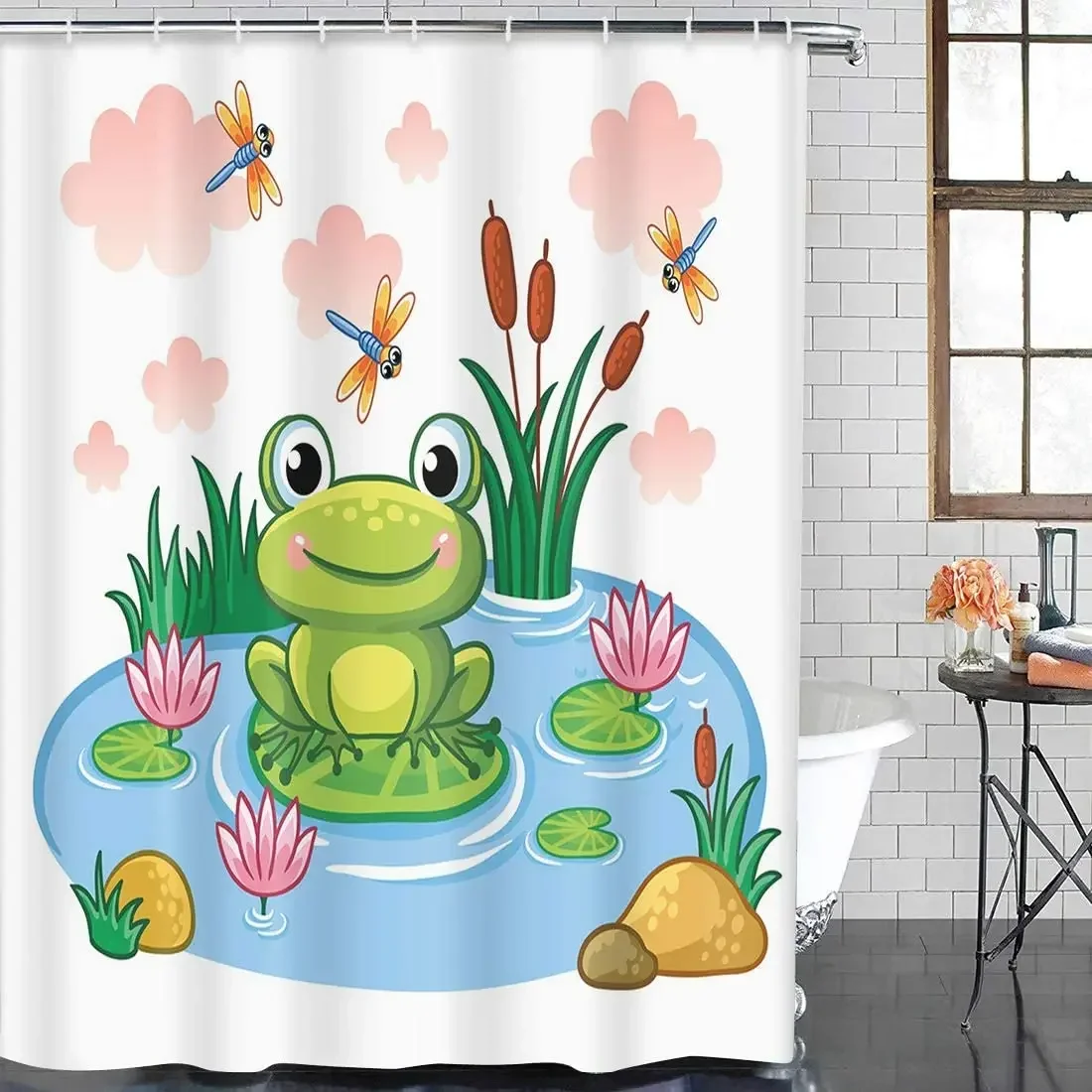 3D Blue Lake Cartoon The Frog Sits Leaf in Pond Child Style Cute Animals Colorful Baby Bathroom Curtains Boy girl Bathtub Decor