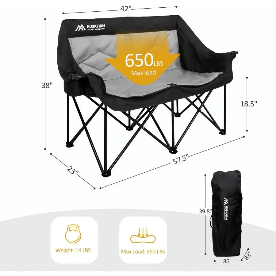 كرسي تخييم كبير الحجم لشخصين للبالغين، كرسي قابل للطي للاستخدام الخارجي عالي التحمل، كرسي حديقة محمول باللون الأسود مثالي لـ #3