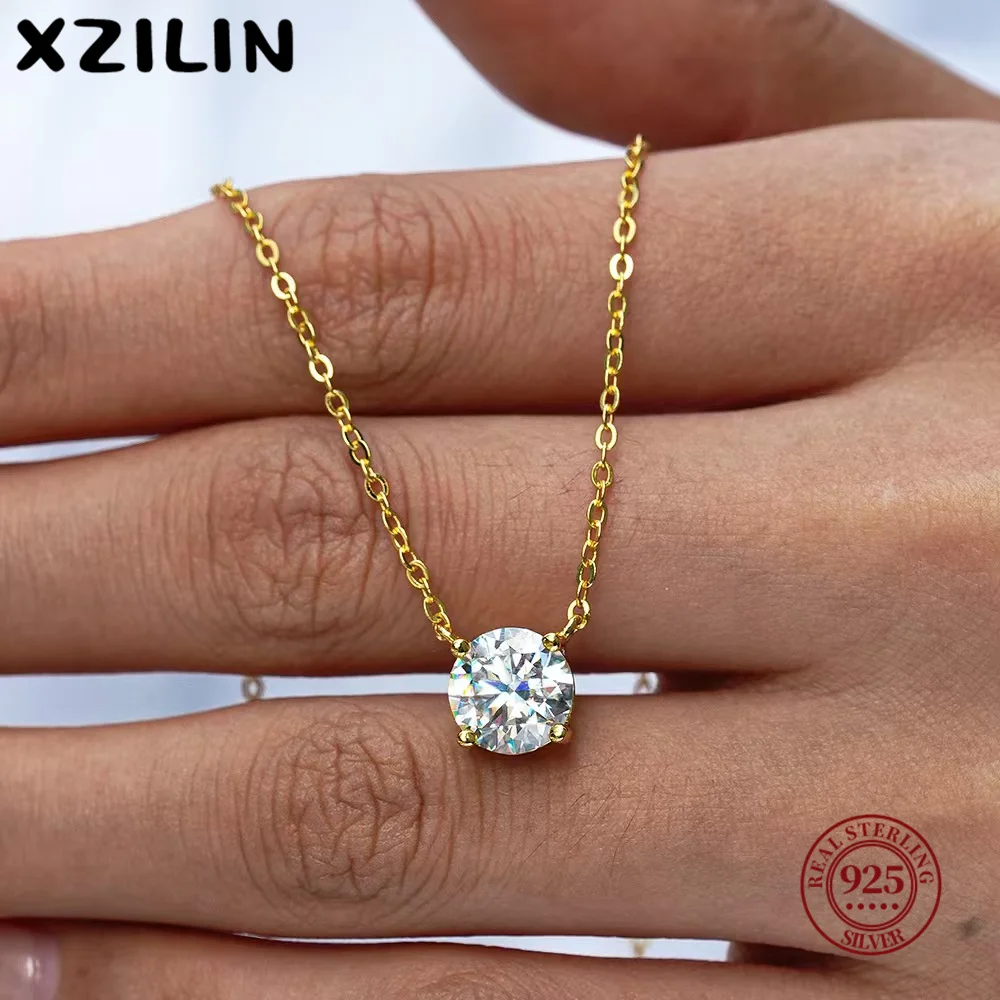 

XZiLin 925 Sterling Silver 18k Gold Plated Necklace Versatile Single Sparkling Zircon Clavicle Chain for Women Wedding Jewelry
