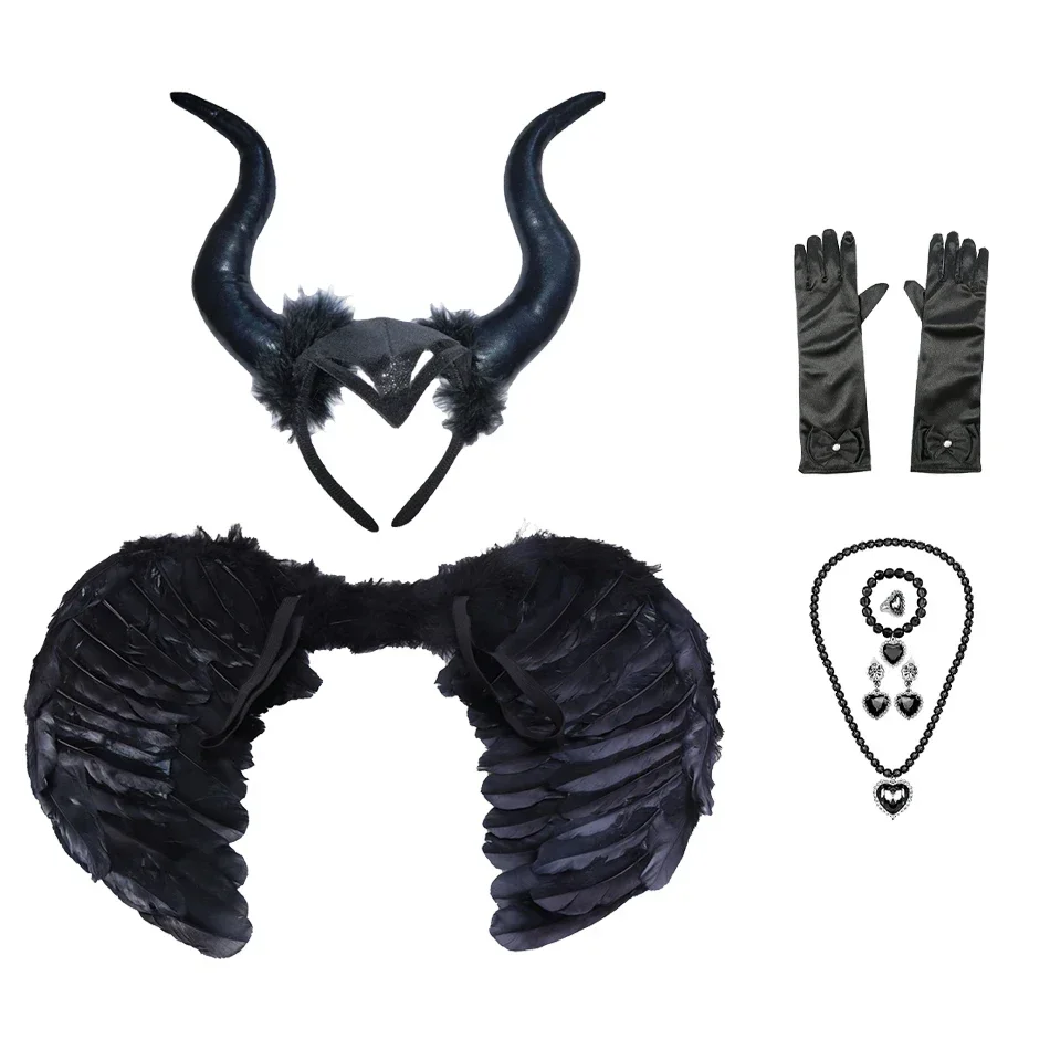 Vintage Wings Black Angel Costume Witch Devil Horns Hair Hoop Set Decorations Feather Black Swan Cosplay Halooween Accessories