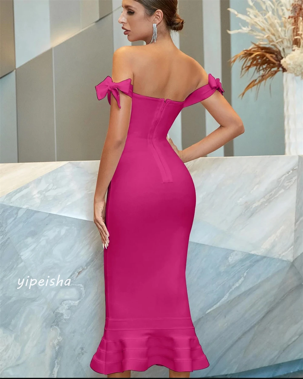 Jersey Draped Ruched Wedding Party Mermaid Off-the-shoulder Bespoke Occasion Gown Midi Dresses