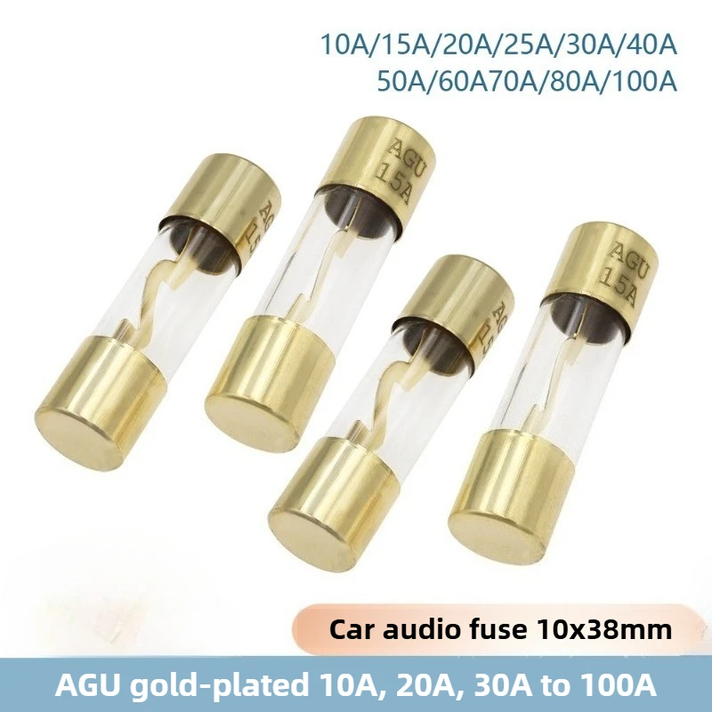 5PCS 10*38MM Gold Plated Glass AGU Fuse Fuses Pack Car Audio Amp Amplifier 10A 15A 20A 25A 30A 40A 50A 60A 70A 80A 100A Car Fuse