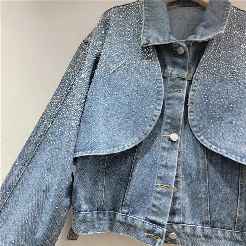 ANJY 2025 خريف جديد إمرأة قصير مستقيم كم طويل صدرية قطعتين الدنيم سترة موضة الماس مزين لامعة A15508 #6