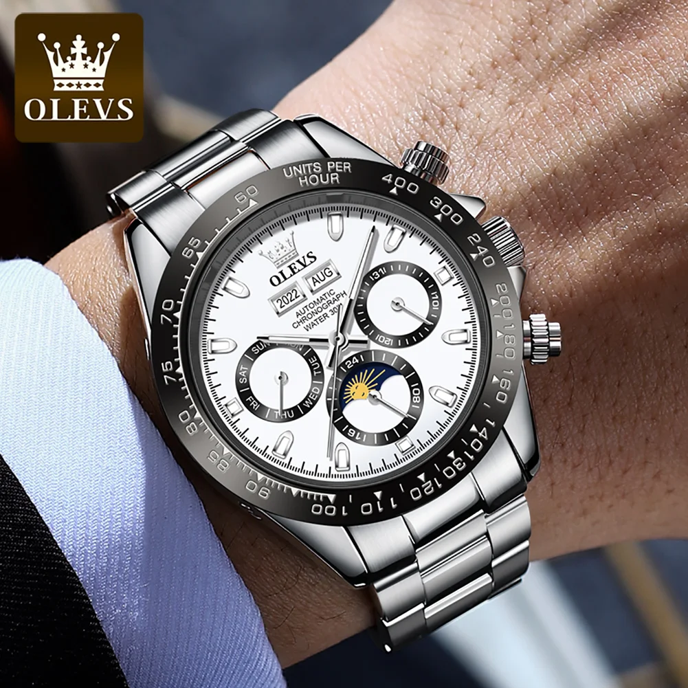 OLEVS 6654 Automatic Mechanical Watches for Men Stainless Steel Strap Luxury Brand Luminous Waterproof Moon Phase Man Wristwatch