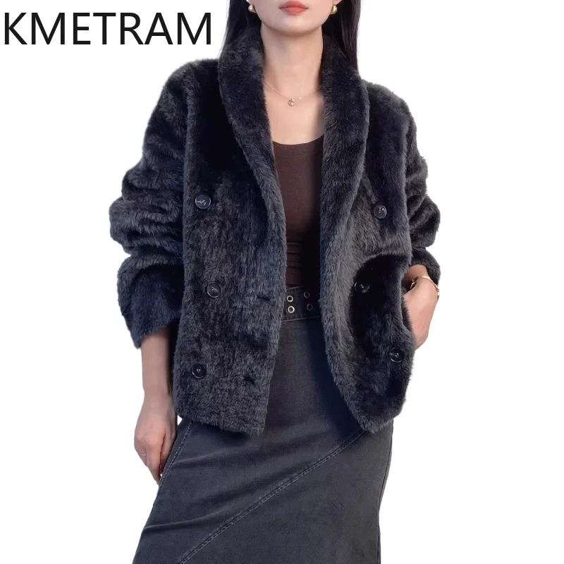 

Куртка KMETRAM из 100% натуральной овчины лагон с пришитой шерстью, женская двубортная короткая шуба из натурального меха, зимняя одежда 2026