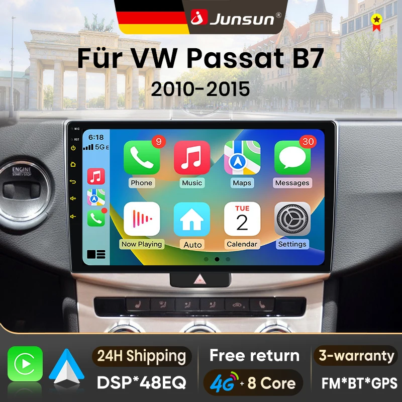 Autoradio Android 15 10 pouces Junsun pour VW Passat B6 B7 CC 2010-2015, sans fil, compatible Apple CarPlay, écran tactile IPS, lecteur multimédia vidéo, système intelligent automobile, autoradio 2 Din, GPS, navigation, BT, 4G, WIFI, FM, AM, DSP, RDS, SWC, DAB