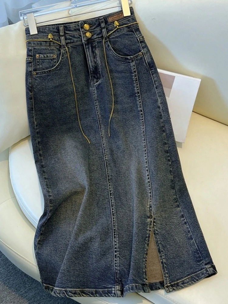 

Fashion Vintage Denim Skirts Forked Patchwork Solid Color High Waist Skirt Female Slim All Match Design 2025 New Women Clothing