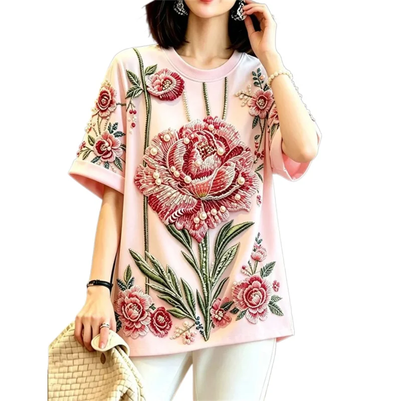 Fashion Heavy Industry Nail Bead Embroidery T-shirt Women Tshirt Blouse Summer Autumn Loose Short Sleeved Unique Top Female