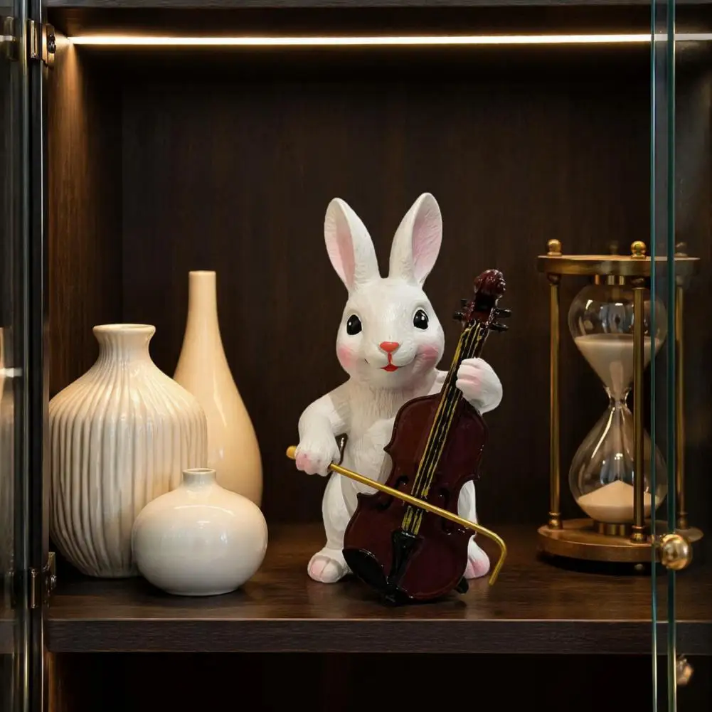 Decorative Garden Ornament Cute Rabbit Playing Violin Figurine Hand Painted Synthetic Resin Sculpture Realistic for Garden