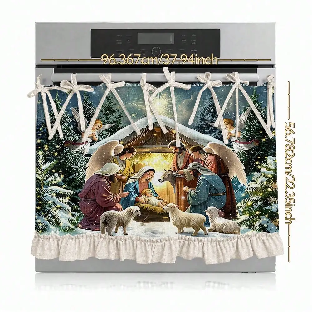 2D Religious Nativity Scene Pattern Multifunctional Decorative Curtain, Suitable Kitchen Valance, Oven Cover, Washing, Dishwasher, Bathroom Window Treatment, And Kitchen Decor, Kitchen Apron