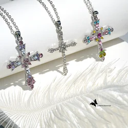 Gothic Style Pink Purple Zircon Cross Necklace Ladies Rhinestone Pendant Clavicle Chain Charm Party Jewelry Gifts