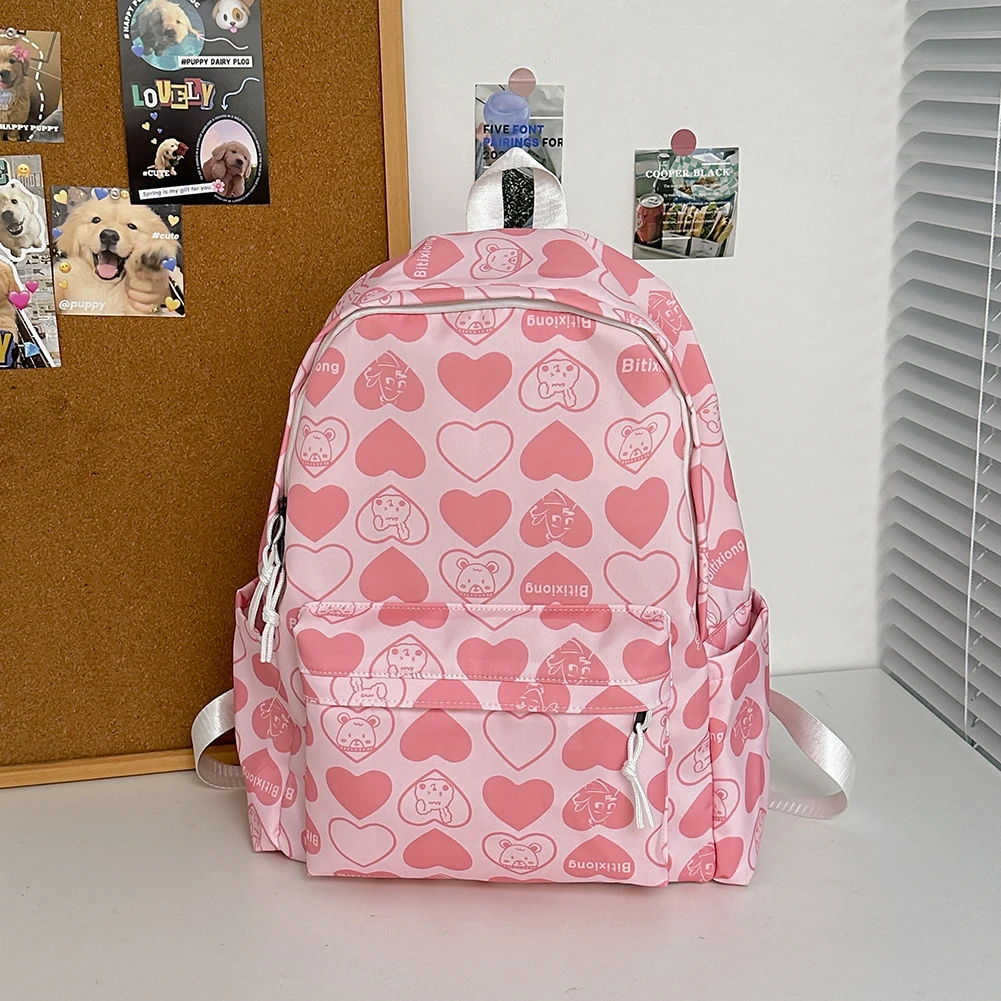 학생용 백팩 하트 패턴 숄더백 나일론 조절 가능한 스트랩 대용량 배낭