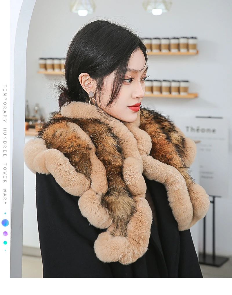 Neuer Damen-Winterschal aus echtem Rex-Kaninchenfell, Warmer Weicher Silberfuchs-Fellschal, Modischer Damen-Poncho aus 100% Echtem Rex-Kaninchenfell – Detail 7