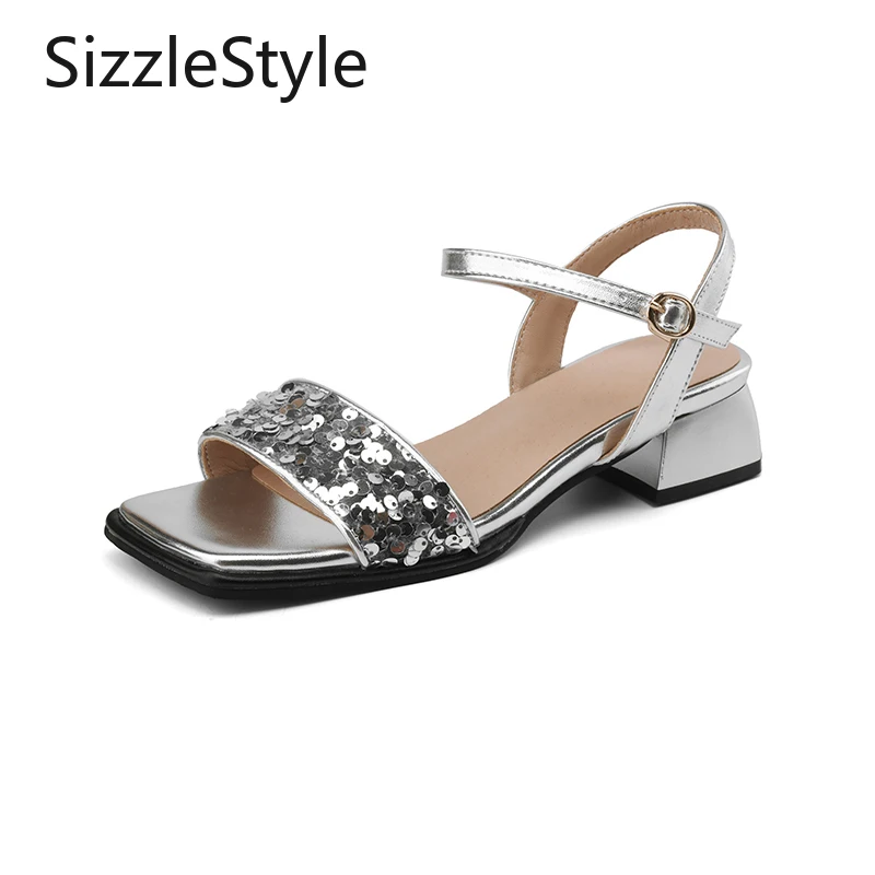 

Summer Leisure Square Toe Comfortable Thick Heel Sequined Decorative Buckle Strap Ladies Sandals