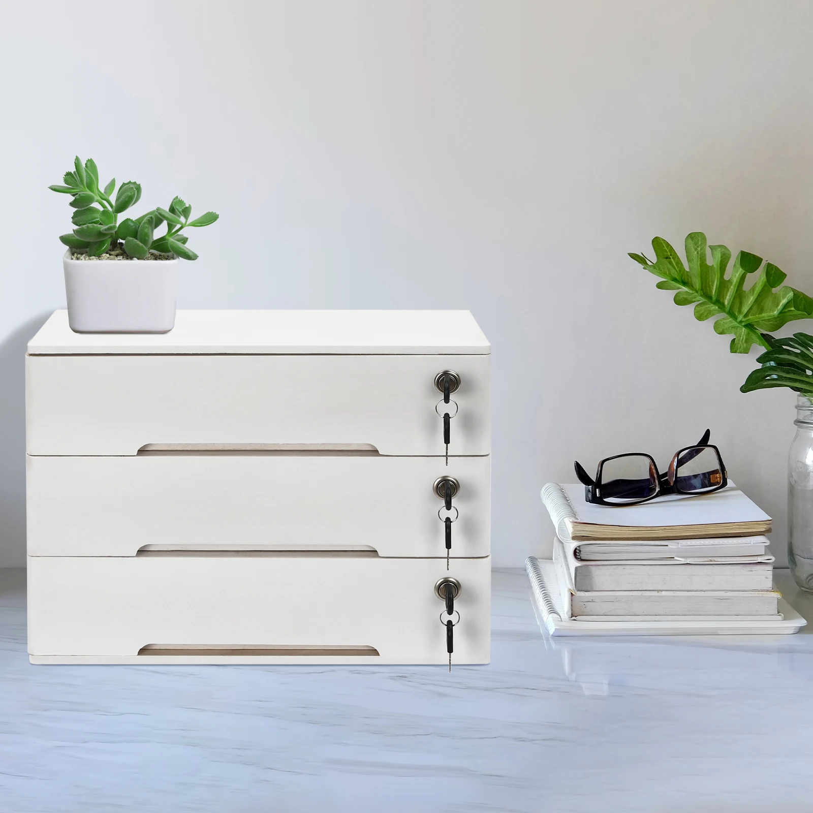 

Secure 3-Tier Wooden Desktop Organizer with Locking Drawers, Compact File Cabinet for Home Office, Countertop Document Storage