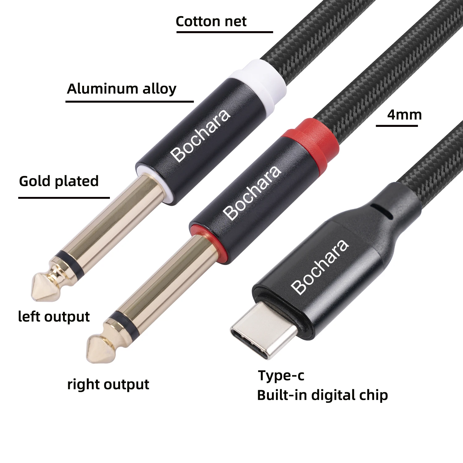 Bochara Braided Type C to 2*6.35mm Jack OFC Audio Cable Built-in Digital IC Chipset Foil+Braided Shielded 1m 2m 3m