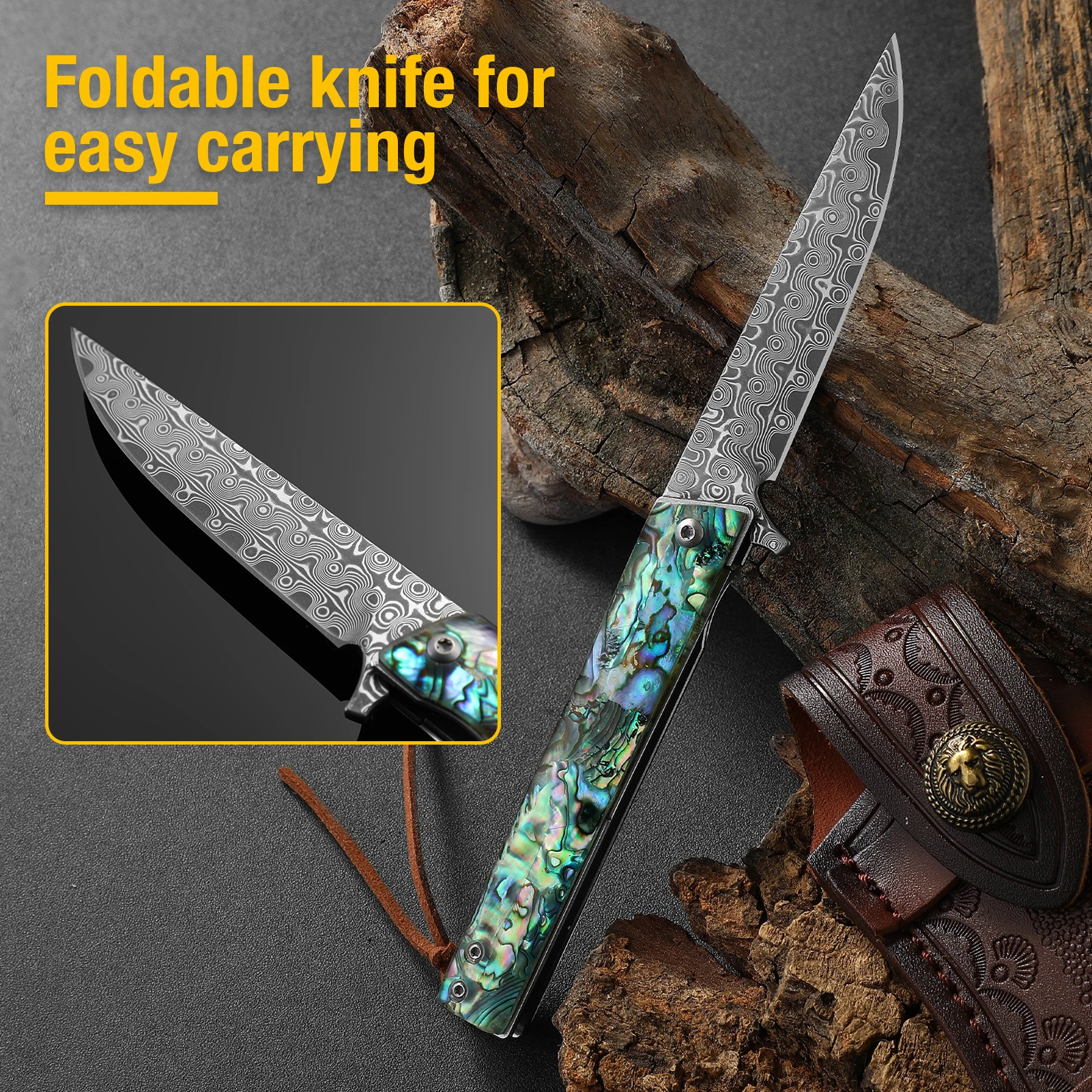 

Damascus Pocket Knife Vg10 Steel Core Folding Knife with Leather Sheath Abalone Handle for Men Women Fishing Camping EDC Knife