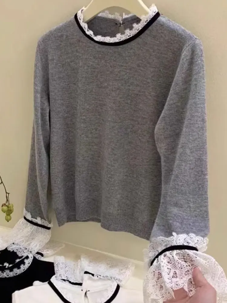 

Design Sensation Lace Splice Bell Sve Вязаный свитер Base irt Корейский свободный крой Long Sve Верхний топ