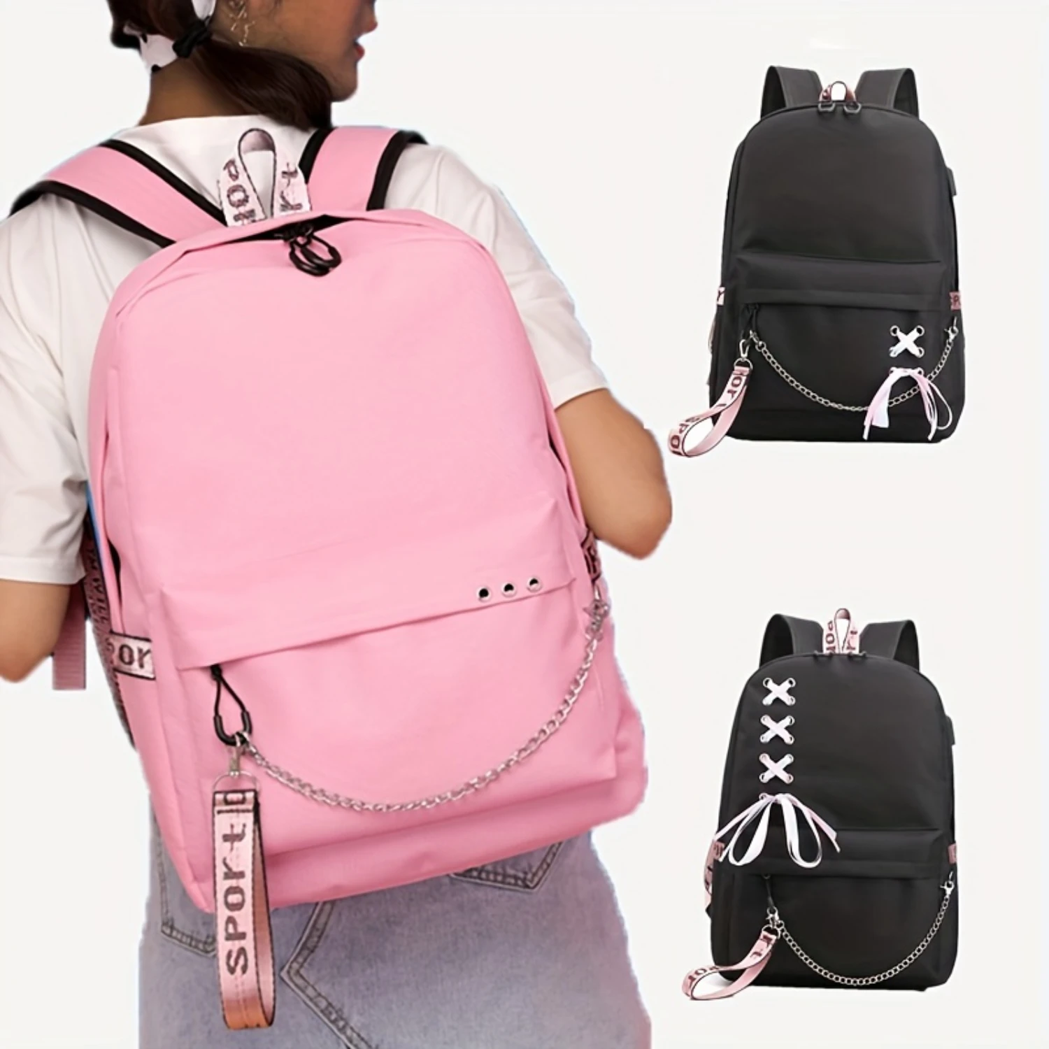 

Large Capacity Casual Backpack, Schoolbag College For Middle School Students, Travel With Chain And Ribbon Detail